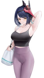 Rule 34 | 1girl, absurdres, arm up, armpits, bag, bare arms, bird mask, black shirt, blue hair, blush, bracelet, breasts, cleavage, closed mouth, genshin impact, highres, jewelry, kujou sara, large breasts, looking at viewer, mask, mask on head, multicolored hair, nagata gata, pants, purple pants, shirt, shoulder bag, simple background, solo, sports bra, streaked hair, thighs, white background, white hair, yellow eyes