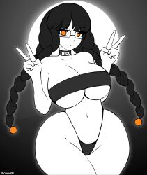 Rule 34 | 1girl, ass, black hair, breasts, curvy, glasses, highres, huge ass, huge breasts, large breasts, long hair, looking at viewer, monochrome, orange eyes, original, solo, strapless, thick thighs, thighs, thong, tight clothes, tube top, wide hips, witch, zonen404
