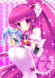 Rule 34 | 10s, 2girls, :d, aino megumi, bad id, bad pixiv id, blue hair, bow, brooch, chibi, cure lovely, cure princess, hair ornament, happinesscharge precure!, heart, heart brooch, highres, kouta., long hair, looking at viewer, magical girl, mini person, minigirl, multiple girls, open mouth, pink bow, ponytail, precure, purple eyes, purple hair, shirayuki hime, sitting, size difference, smile, twintails, very long hair, wide ponytail