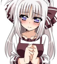 Rule 34 | 1girl, black bow, blush, bow, closed mouth, dress, frown, hair bow, long hair, long sleeves, looking away, lyrical nanoha, own hands together, purple eyes, rinne berlinetta, san-pon, silver hair, solo, sweatdrop, upper body, vivid strike!, white dress