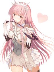 Rule 34 | 1girl, :p, absurdres, abusoru, brown eyes, choker, cowboy shot, elbow gloves, fate/grand order, fate (series), gloves, heart, highres, holding, holding weapon, long hair, looking at viewer, medb (fate), pink hair, riding crop, simple background, skirt, smile, solo, tiara, tongue, tongue out, weapon, whip, white background, white gloves, white neckwear, white skirt