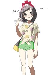 Rule 34 | 1girl, aoaomzir, arm at side, beanie, blush, brown eyes, brown hair, creatures (company), eyelashes, floral print, game freak, green shorts, hand up, hat, highres, hot, knees, motion lines, nintendo, pokemon, pokemon sm, red hat, selene (pokemon), shirt, short shorts, short sleeves, shorts, solo, sweat, t-shirt, tied shirt, white background