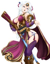 Rule 34 | 1girl, arched back, barbariank, blue eyes, breasts, clothes lift, elbow gloves, fingerless gloves, gloves, gun, head tilt, highres, large breasts, lian (paladins), long hair, looking at viewer, paladins, purple thighhighs, rifle, side slit, skirt, skirt lift, solo, thighhighs, transparent background, weapon, white hair