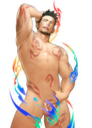 Rule 34 | 1boy, arm up, armpits, beard, black hair, facial hair, hand on own head, itto (mentaiko), licking lips, male focus, multicolored eyes, multicolored hair, muscular, navel, nipples, nude, penis, priapus, priapus a. tarou, shiny skin, simple background, solo, standing, streaked hair, tattoo, testicles, tongue, tongue out, white background
