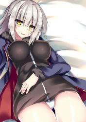 Rule 34 | 1girl, ahoge, bare legs, bed, black dress, blush, breasts, dress, fate (series), fur collar, fur trim, impossible clothes, jeanne d&#039;arc (fate), jeanne d&#039;arc alter (fate), jeanne d&#039;arc alter (ver. shinjuku 1999) (fate), long hair, long sleeves, looking at viewer, lying, medium breasts, medium hair, official alternate costume, on back, panties, parted lips, ryokushiki (midori-ya), silver hair, smile, solo, underwear, white panties, yellow eyes