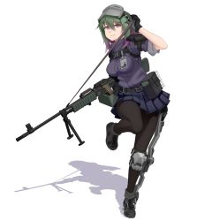 Rule 34 | 1girl, absurdres, arm up, artist name, badge, belt, belt buckle, boots, breasts, buckle, bullet, commentary, english commentary, exoskeleton, eyes visible through hair, gloves, green hair, gun, hand up, highres, holding, holding gun, holding strap, holding weapon, knee pads, large breasts, leg up, looking at viewer, machine gun, mask, mask on head, multicolored hair, open mouth, original, pantyhose, purple eyes, purple hair, shadow, shoelaces, shoulder pads, simple background, skirt, smile, solo, standing, standing on one leg, strap, type 88 lmg, vectorek, weapon, white background
