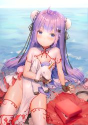 Rule 34 | 1girl, ahoge, aloniar, arm support, azur lane, bare arms, bare hips, beach, black ribbon, blush, box, breasts, bun cover, china dress, chinese clothes, cleavage, cleavage cutout, closed mouth, clothing cutout, cowboy shot, day, double bun, dress, fingerless gloves, flower, gloves, groin, hair bun, hair ornament, hair ribbon, highres, holding, legs, long hair, looking at viewer, no panties, hugging object, pelvic curtain, petals, purple eyes, purple hair, ribbon, shallow water, short sleeves, sidelocks, sitting, small breasts, solo, stuffed animal, stuffed toy, stuffed winged unicorn, thighhighs, thighs, unicorn (azur lane), unicorn (the gift of spring) (azur lane), unicorn (the gift of spring) (azur lane), upper body, very long hair, water, wet, wet clothes, white dress, white thighhighs, wrist cuffs