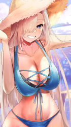 Rule 34 | 1girl, asuna (blue archive), bikini, blonde hair, blue archive, blue bikini, blue eyes, breasts, cleavage, collarbone, front-tie bikini top, front-tie top, grin, hair over one eye, hat, highres, keita (kmfirstday), large breasts, long hair, looking at viewer, mole, mole on breast, outdoors, smile, solo, straw hat, swimsuit, teeth