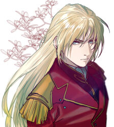 Rule 34 | 1boy, blonde hair, blue eyes, closed mouth, commentary request, epaulettes, floral background, gundam, gundam wing, hair between eyes, jacket, lapels, long hair, looking at viewer, male focus, military jacket, red jacket, solo, upper body, ususio 11, v-shaped eyebrows, white background, zechs merquise