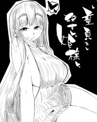 Rule 34 | 1girl, alternate breast size, arm support, bare shoulders, breasts, curvy, eyelashes, greyscale, heart, highres, houraisan kaguya, large breasts, legs, long hair, meme attire, monochrome, monochrome, sideboob, sitting, solo, takeu, thick eyebrows, thighs, touhou, translation request, very long hair, virgin killer sweater