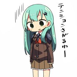 Rule 34 | 10s, 1girl, aqua hair, ascot, collared shirt, commentary request, hair ornament, hairclip, jpeg artifacts, kanikama, kantai collection, long hair, looking down, lowres, pleated skirt, school uniform, serafuku, shirt, simple background, skirt, solo, suzuya (kancolle), white background