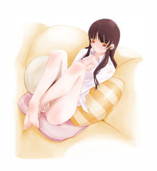 Rule 34 | 1girl, bare legs, barefoot, blunt bangs, blush, breasts, collared shirt, couch, covering privates, covering crotch, full body, legs up, long hair, long sleeves, looking at viewer, medium breasts, miito shido, no pants, on couch, panties, pillow, pink panties, red eyes, shirt, sidelocks, solo, toes, underwear, white shirt, wing collar