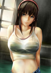 Rule 34 | 1girl, arms behind back, bad id, bad pixiv id, bare shoulders, black eyes, breasts, brown hair, collarbone, dead or alive, hairband, hitomi (doa), large breasts, looking at viewer, midriff, nannacy7, see-through, smile, solo, tank top, tecmo, water, wet, window