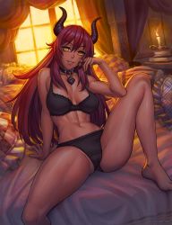 Rule 34 | 1girl, absurdres, airomed, barefoot, bed, black bra, black panties, borrowed character, bra, breasts, breasts apart, collar, highres, horns, indoors, large breasts, long hair, looking at viewer, navel, on bed, original, panties, parted lips, partially visible vulva, pillow, red hair, sitting, slit pupils, solo, speh, spread legs, sweat, thighs, underwear, underwear only, yellow eyes