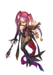 Rule 34 | 10s, 1girl, black pantyhose, blunt bangs, bodysuit, book, boots, breasts, brown thighhighs, center opening, choker, cleavage, crystal, detached sleeves, dragon nest, earrings, floating, floating book, floating object, full body, glint, high heels, hoop earrings, jewelry, kanojjang, large breasts, leotard, long hair, pantyhose, parted lips, pink eyes, pink hair, smile, solo, stiletto heels, thigh boots, thighhighs, transparent background, twintails, wand