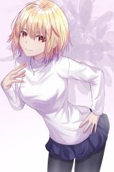 Rule 34 | 1girl, arcueid brunestud, blonde hair, blue skirt, breasts, closed mouth, cowboy shot, dande cat, gradient background, hair between eyes, hand on own hip, hand up, highres, jewelry, leaning forward, long sleeves, medium breasts, necklace, pantyhose, pleated skirt, purple background, red eyes, short hair, skirt, slit pupils, smile, solo, sweater, tsukihime, tsukihime (remake), turtleneck, turtleneck sweater, white background, white sweater