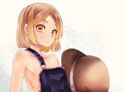 Rule 34 | 1girl, armpits, bare shoulders, blonde hair, breasts, brown background, brown eyes, collarbone, commentary request, fate/grand order, fate (series), hat, unworn hat, unworn headwear, looking at viewer, naked overalls, overalls, parted lips, paul bunyan (fate), paul bunyan (third ascension) (fate), short hair, simple background, small breasts, solo, straw hat, takara akihito