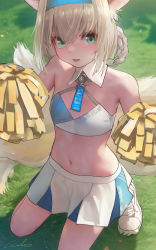Rule 34 | 1girl, :d, absurdres, animal ears, aqua eyes, arknights, bare shoulders, blonde hair, blue archive, blue hairband, commentary request, cosplay, criss-cross halter, crop top, flat chest, fox ears, fox tail, hair between eyes, hairband, halterneck, hibiki (blue archive), hibiki (cheer squad) (blue archive), highres, kneeling, looking at viewer, midriff, millennium cheerleader outfit (blue archive), miniskirt, navel, open mouth, short hair, skirt, smile, solo, stomach, suzuran (arknights), tail, welt (kinsei koutenkyoku), white skirt