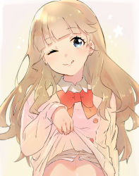 Rule 34 | blue eyes, blunt bangs, bow, brown hair, buttons, clothes lift, collar, earrings, highres, jewelry, lifting own clothes, long hair, long sleeves, mewkledreamy, negu (pixiv 6519140), one eye closed, pink sweater, red bow, red button, school uniform, shirt lift, solo, star-shaped pupils, star (symbol), star in eye, stomach, sweater, symbol-shaped pupils, symbol in eye, tongue, tongue out, tsukishima maira, uniform, wink