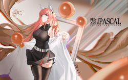 Rule 34 | 1girl, animal ear fluff, animal ears, artist name, belt, black dress, black thighhighs, breasts, closed mouth, dress, english text, feet out of frame, girls&#039; frontline, girls&#039; frontline neural cloud, highres, large breasts, long hair, looking at viewer, persica (girls&#039; frontline), persicaria (neural cloud), pink eyes, pink hair, regenerate-x, robe, robe slip, solo, standing, thighhighs, white belt, white robe