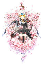 Rule 34 | 1girl, absurdres, armor, bad id, bad pixiv id, cherry blossoms, code: nemesis (elsword), elsword, eve (elsword), expressionless, flower, forehead jewel, gloves, highres, long hair, mecha musume, poseich, raven cronwell, skirt, solo, thighhighs, white hair, yellow eyes
