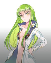 Rule 34 | 1girl, breasts, c.c., cleavage, coat, code geass, collarbone, floating hair, gradient background, green hair, grey background, groin, hand on own hip, head in hand, long hair, looking at viewer, meimi k, naked coat, navel, parted lips, small breasts, solo, standing, very long hair, yellow eyes