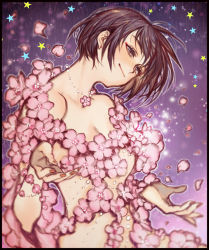 Rule 34 | 1girl, black hair, breasts, brown nails, cherry blossoms, cleavage, flower, gradient background, jewelry, necklace, original, petals, pink flower, purple background, short hair, solo, sparkle, star (symbol), upper body, yumeko (yumeyana g)
