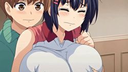 Rule 34 | 1boy, 1girl, animated, animated gif, black hair, grabbing another&#039;s breast, breasts, brown eyes, covered erect nipples, grabbing, grabbing from behind, huge breasts, ikkyuu nyuukon, non-web source, red eyes, short hair, squeezing, subtitled, tagme