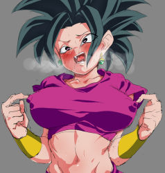 Rule 34 | 1girl, big hair, black eyes, black hair, blush, breasts, breasts apart, breath, covered erect nipples, crying, dragon ball, dragon ball super, drooling, earrings, female focus, grey background, hands up, heart, heart-shaped pupils, heavy breathing, hip focus, jewelry, kefla (dragon ball), large breasts, looking at viewer, navel, nipple stimulation, nipple tweak, open mouth, rom (20), saliva, simple background, solo, spiked hair, sweat, symbol-shaped pupils, tears, upper body