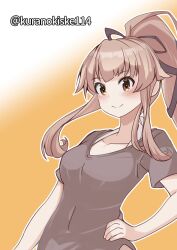 Rule 34 | 1girl, black ribbon, brown eyes, gradient background, grey shirt, hair ribbon, hand on own hip, highres, kantai collection, kurano kisuke, official alternate costume, one-hour drawing challenge, orange background, pink eyes, ponytail, ribbon, shirt, smile, solo, twitter username, upper body, yura (kancolle)