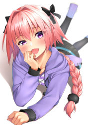 Rule 34 | 1boy, absurdres, astolfo (fate), astolfo (memories at trifas) (fate), black bow, black skirt, blurry, blurry background, blush, bow, braid, collarbone, commentary request, crossdressing, fang, fate/grand order, fate (series), hair bow, hair intakes, hair ornament, hair ribbon, heart, heart-shaped pupils, highres, jacket, long braid, long hair, long sleeves, looking at viewer, lying, male focus, multicolored hair, official alternate costume, on stomach, pantyhose, pink hair, pleated skirt, purple eyes, purple jacket, ribbon, shirt, simple background, single braid, skin fang, skirt, solo, streaked hair, striped clothes, striped shirt, symbol-shaped pupils, takoneru, trap, white background