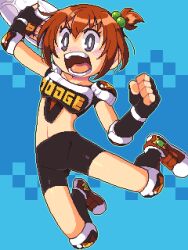 Rule 34 | 1girl, armor, ball, bike shorts, blue background, breastplate, bright pupils, clenched hand, dodgeball, elbow pads, fingerless gloves, gloves, hair bobbles, hair ornament, holding, holding ball, honoo no toukyuujo: dodge danko, ichigeki danko, jumping, knee pads, kneehighs, lillithlauda, navel, one side up, open mouth, pixel art, purple eyes, red footwear, red hair, shoes, short hair, shoulder armor, socks, solo, teeth, white pupils