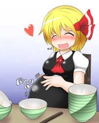 Rule 34 | 1girl, :d, ^ ^, ascot, asheta7, belly, belly rub, big belly, blonde hair, blush, bowl, bowl stack, breasts, chopsticks, closed eyes, food, hair ribbon, hands on own stomach, happy, heart, highres, is that so, medium breasts, open mouth, ribbon, rumia, short hair, smile, solo, stomach bulge, touhou