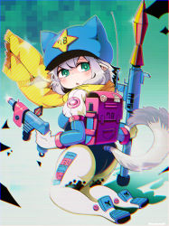 Rule 34 | 1girl, animal ears, ass, blush, bodysuit, chromatic aberration, dog tail, green eyes, gun, high-explosive anti-tank (warhead), highres, holding, holding gun, holding weapon, kneeling, looking at viewer, man-portable anti-tank systems, original, parted lips, pointy ears, rocket-propelled grenade, rocket (projectile), rocket launcher, rpg, rpg-7, rpg (weapon), saebashi, scarf, short hair, silver hair, solo, tail, weapon, yellow scarf