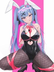 Rule 34 | 1girl, :q, absurdres, ace (playing card), ace of hearts, animal ears, arm ribbon, arms behind back, bare shoulders, black ribbon, blue eyes, blue hair, blush, bound, bound arms, bound legs, bow, bowtie, breasts, card, cleavage, clothing cutout, covered navel, d biran, detached collar, fishnet pantyhose, fishnets, full body, hair between eyes, hair ornament, hair ribbon, hairband, hatsune miku, head tilt, heart, high heels, highres, leg ribbon, legs, long hair, medium breasts, midriff peek, multicolored hair, naughty face, on one knee, pantyhose, pink hair, pink ribbon, playing card, rabbit ears, rabbit girl, rabbit hair ornament, rabbit hole (vocaloid), red bow, red bowtie, red ribbon, ribbon, skin tight, skindentation, smile, solo, spaghetti strap, spread legs, squatting, stomach cutout, streaked hair, thighs, tongue, tongue out, twintails, two-tone hair, very long hair, vocaloid, white hairband