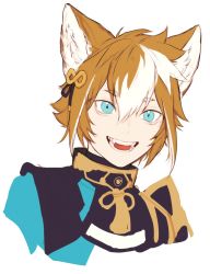 Rule 34 | 1boy, animal ear fluff, animal ears, aqua eyes, black shirt, blue shirt, collared shirt, commentary, dog boy, dog ears, fangs, genshin impact, gold trim, gorou (genshin impact), hair between eyes, hair ornament, highres, looking at viewer, male focus, messy hair, multicolored hair, multicolored shirt, neck tassel, orange hair, paw print, shirt, short hair, sidelocks, simple background, sketch, smile, solo, srro yo, streaked hair, symbol-only commentary, teeth, thick eyebrows, tongue, white background, white hair
