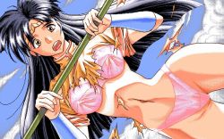 Rule 34 | 1girl, armband, black hair, bra, brown eyes, clothes, cloud, cloudy sky, day, headband, hercequary, long hair, meifang (hercequary), orange shirt, panties, pc-98 (style), pc98, pink bra, pink panties, shirt, sky, solo, staff, tearing clothes, torn clothes, underwear, underwear only