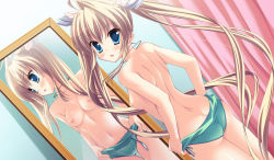 Rule 34 | 1girl, angel ring, blonde hair, blue eyes, blush, breasts, game cg, long hair, looking at viewer, mika alsted heine, mirror, navel, nipples, solo, swimsuit, twintails, undressing, very long hair
