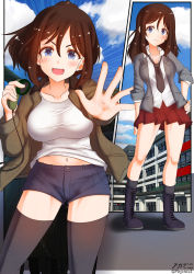 Rule 34 | 1girl, 3d background, black thighhighs, blue eyes, blue shorts, blush, breasts, brown hair, closed mouth, girls und panzer, hand on own hip, highres, jacket, large breasts, looking at viewer, megadeko, megumi (girls und panzer), military, military uniform, miniskirt, multiple views, navel, necktie, outdoors, red skirt, saunders military uniform, saunders school uniform, school uniform, shirt, short shorts, shorts, skirt, smile, thighhighs, uniform, white shirt