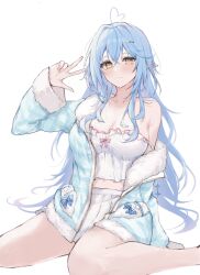 Rule 34 | 1girl, blue hair, blue jacket, breasts, camisole, cleavage, closed mouth, frilled camisole, frills, fuchi (0616tk), fur-trimmed jacket, fur trim, highres, hololive, jacket, large breasts, long hair, looking at viewer, midriff peek, official alternate costume, pointy ears, simple background, single bare shoulder, sitting, skirt, smile, solo, strap slip, striped clothes, striped jacket, very long hair, virtual youtuber, w, white background, white camisole, white skirt, yellow eyes, yukihana lamy, yukihana lamy (4th costume)