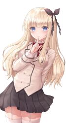 Rule 34 | 1girl, arm behind back, black bow, black skirt, blonde hair, blue eyes, blunt bangs, bow, bowtie, garter straps, gradient background, hair bow, highres, index finger raised, jacket, juliet persia, kishuku gakkou no juliet, long hair, long sleeves, looking at viewer, pleated skirt, red bow, red bowtie, school uniform, seungju lee, simple background, skirt, solo, standing, striped bow, striped bowtie, striped clothes, thighhighs, white thighhighs, zettai ryouiki