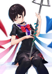 Rule 34 | 1girl, amano hagoromo, asymmetrical wings, black dress, black hair, black thighhighs, blue wings, bow, bowtie, center frills, closed mouth, commentary, dress, frills, hair behind ear, highres, holding, houjuu nue, knees together feet apart, looking at viewer, polearm, red bow, red bowtie, red eyes, red wings, short hair, short sleeves, simple background, snake, solo, thighhighs, touhou, trident, weapon, white background, wings