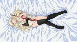 Rule 34 | 1girl, bed, blonde hair, blue eyes, blush, breasts, feet, highres, long hair, octavia, octavia (tears to tiara), open clothes, open shirt, shirt, solo, sword, tears to tiara, thighhighs, weapon