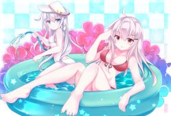 Rule 34 | alternate costume, barefoot, bikini, blue eyes, blush, breasts, closed mouth, facial scar, fathom, flower, gangut (kancolle), grey hair, hat, hibiki (kancolle), highres, hose, kantai collection, large breasts, long hair, looking at viewer, open mouth, pastel colors, pool, red bikini, red eyes, sailor hat, scar, scar on cheek, scar on face, small breasts, smile, star (symbol), swimsuit, verniy (kancolle), wading pool, white bikini