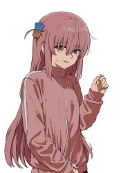 Rule 34 | 1girl, blue eyes, blush, bocchi the rock!, cube hair ornament, gotoh hitori, hair between eyes, hair ornament, highres, ibuki (ibuki0118), jacket, long hair, long sleeves, looking at viewer, one side up, parted lips, pink hair, pink jacket, sidelocks, simple background, solo, sweatdrop, white background