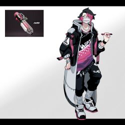 Rule 34 | 1boy, ballpoint splatling (splatoon), black eyes, black hair, black pants, coat, full body, highres, holding, holding stylus, long sleeves, male focus, mask, mouth mask, multicolored hair, nintendo, open clothes, open coat, pants, personification, pink hair, reference inset, shirt, shoes, sido (slipknot), signature, simple background, sneakers, solo, splatoon (series), standing, stylus, white mask