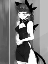 Rule 34 | 1girl, alternate costume, animal ears, blunt bangs, blush, braid, breasts, bright pupils, cat ears, cat tail, cleavage, closed mouth, cowboy shot, extra ears, greyscale, kaenbyou rin, long hair, looking at viewer, mizuga, monochrome, multiple tails, nekomata, pointy ears, smile, solo, tail, touhou, twin braids, twintails, two tails, white pupils