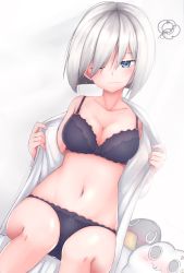 Rule 34 | 1girl, ;(, bare shoulders, blue eyes, blush, bra, breasts, cleavage, collarbone, cropped legs, dressing, dutch angle, failure penguin, hair over one eye, hamakaze (kancolle), highres, kantai collection, medium breasts, midriff, miss cloud, navel, on bed, one eye closed, panties, shirt, short hair, silver hair, simple background, sitting, solo, stomach, tiemu (man190), underwear, wavy mouth, white background, white shirt