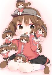 Rule 34 | 6+girls, :d, aged down, black skirt, brown eyes, brown hair, cup, drinking, highres, holding, holding cup, japanese clothes, kantai collection, kariginu, kneehighs, long sleeves, mini person, minigirl, mugichoko (mugi no choko), multiple girls, multiple persona, open mouth, pleated skirt, ryuujou (kancolle), short hair, sitting, skirt, smile, socks, triangle mouth, twintails, visor cap, white legwear