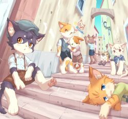 Rule 34 | 6+boys, alley, animal ear fluff, animal ears, blue eyes, blue headwear, blue shorts, blue vest, body fur, brown eyes, brown fur, building, cat boy, cat ears, cat tail, child, day, drawing, fewer digits, flat cap, furry, furry male, green eyes, green shirt, grey fur, hat, highres, looking at viewer, lying, male focus, multiple boys, open mouth, orange eyes, original, pawpads, piporinton, red eyes, sailor collar, shirt, shorts, sitting, stairs, standing, stretching, suspenders, tail, vest, white fur, white shirt